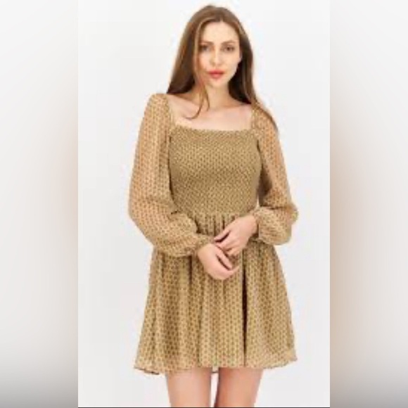 Kourt Calypso Women Tan Smocked Geometric Puff Sheer Sleeve Dress Size Medium - Picture 5 of 8